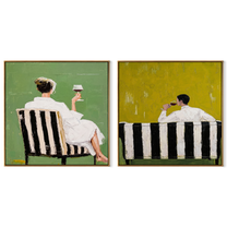 Cafe Backs Share Green - paired cafe scene by Elliot Vale, modern figurative set of 2 wall art - complete two-panel artwork set on white background
