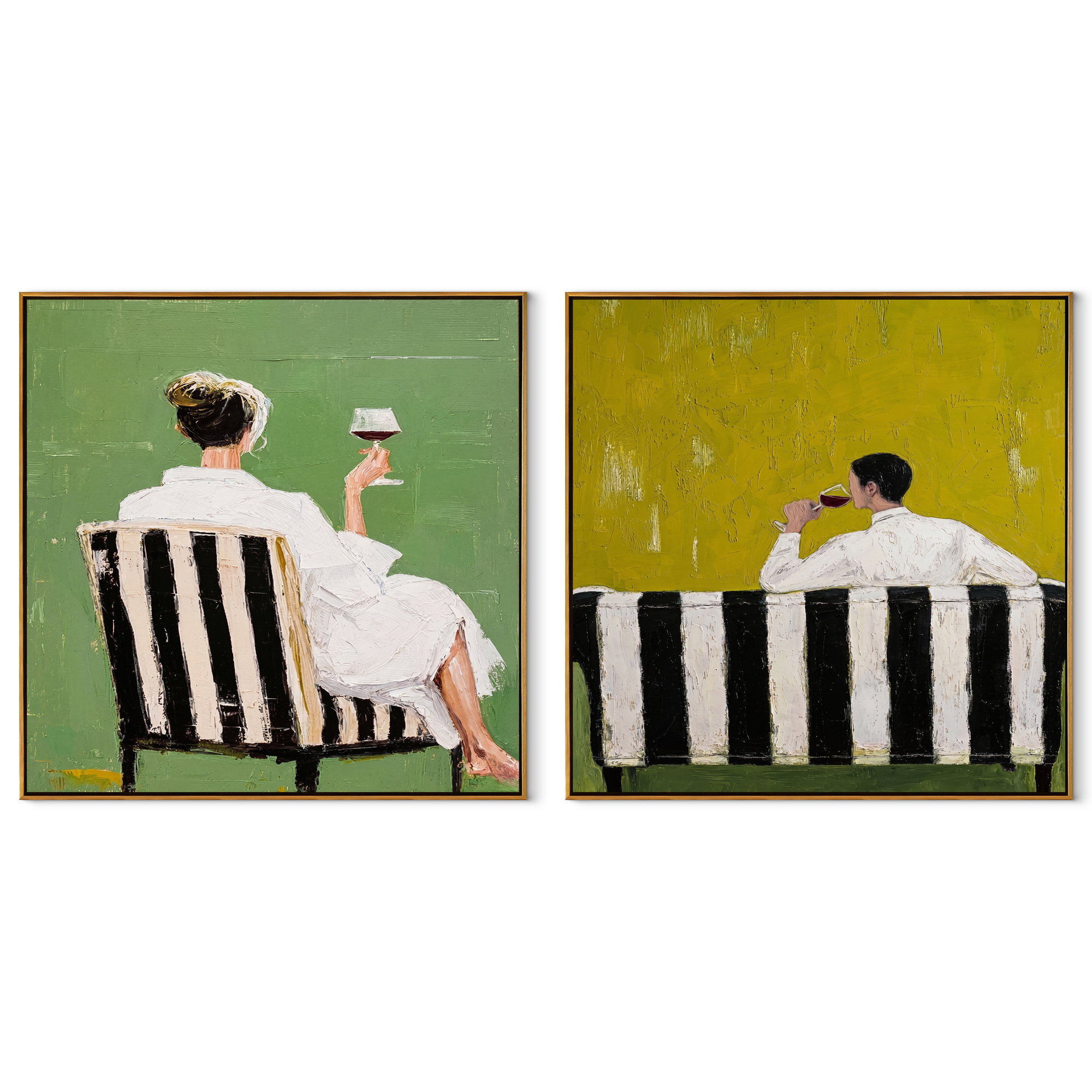 Cafe Backs Share Green - paired cafe scene by Elliot Vale, modern figurative set of 2 wall art - complete two-panel artwork set on white background