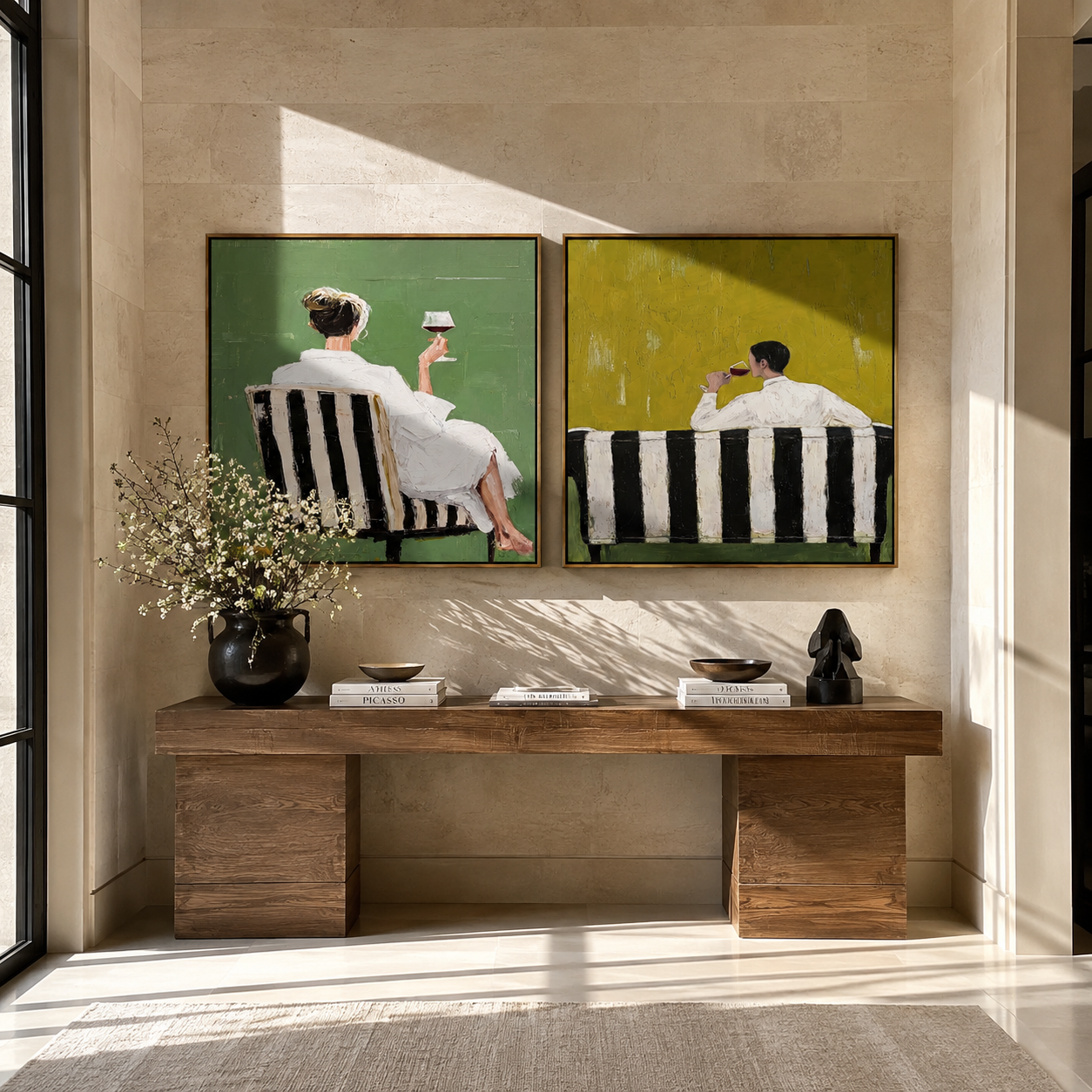 Cafe Backs Share Green - paired cafe scene by Elliot Vale, modern figurative set of 2 wall art - styled room scene view 2