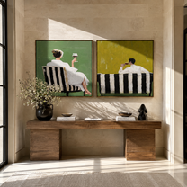 Cafe Backs Share Green - paired cafe scene by Elliot Vale, modern figurative set of 2 wall art - styled room scene view 2