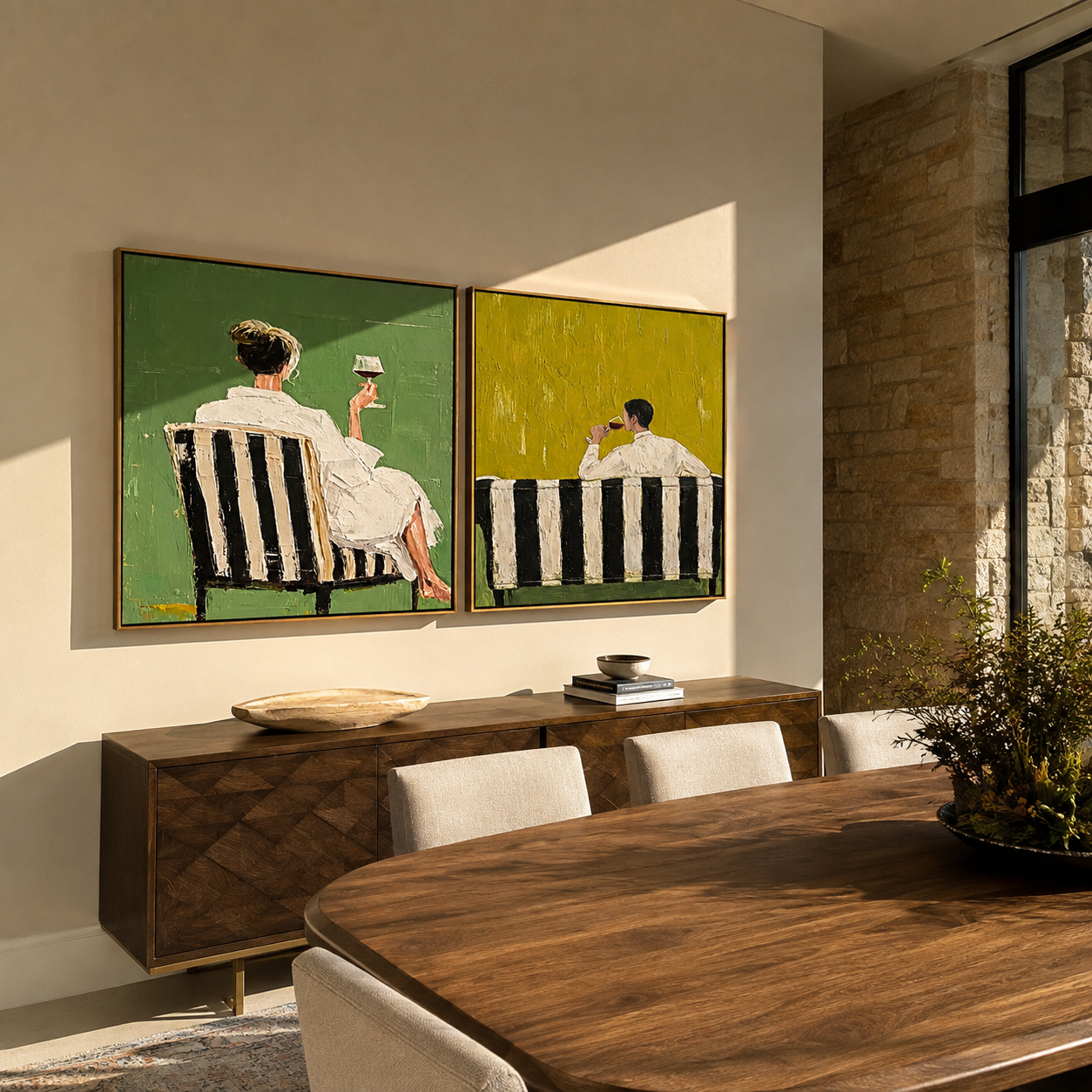 Cafe Backs Share Green - paired cafe scene by Elliot Vale, modern figurative set of 2 wall art - styled room scene view 3