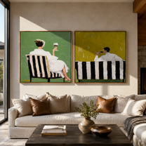 Cafe Backs Share Green - paired cafe scene by Elliot Vale, modern figurative set of 2 wall art - styled room scene view 4