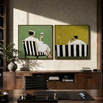 Cafe Backs Share Green - paired cafe scene by Elliot Vale, modern figurative set of 2 wall art - styled room scene view 5