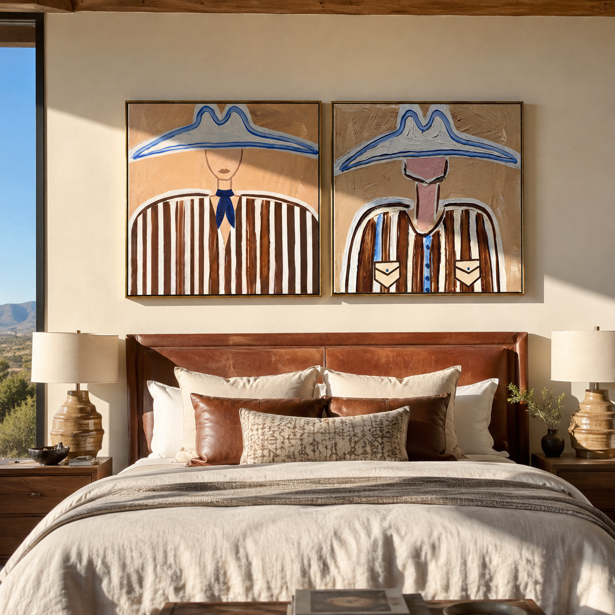 Blue Rims Crown Brown - blue outlined cowboy by Elliot Vale, modern figurative set of 2 wall art - styled room scene view 1