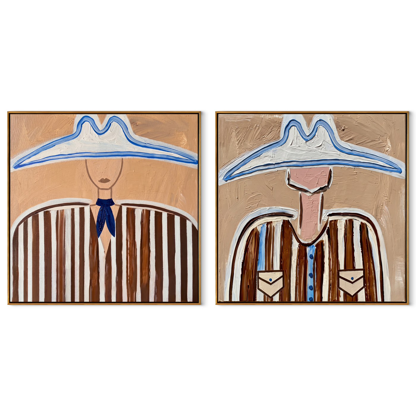 Blue Rims Crown Brown - blue outlined cowboy by Elliot Vale, modern figurative set of 2 wall art - complete two-panel artwork set on white background