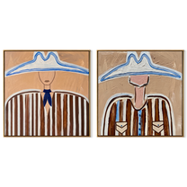Blue Rims Crown Brown - blue outlined cowboy by Elliot Vale, modern figurative set of 2 wall art - complete two-panel artwork set on white background