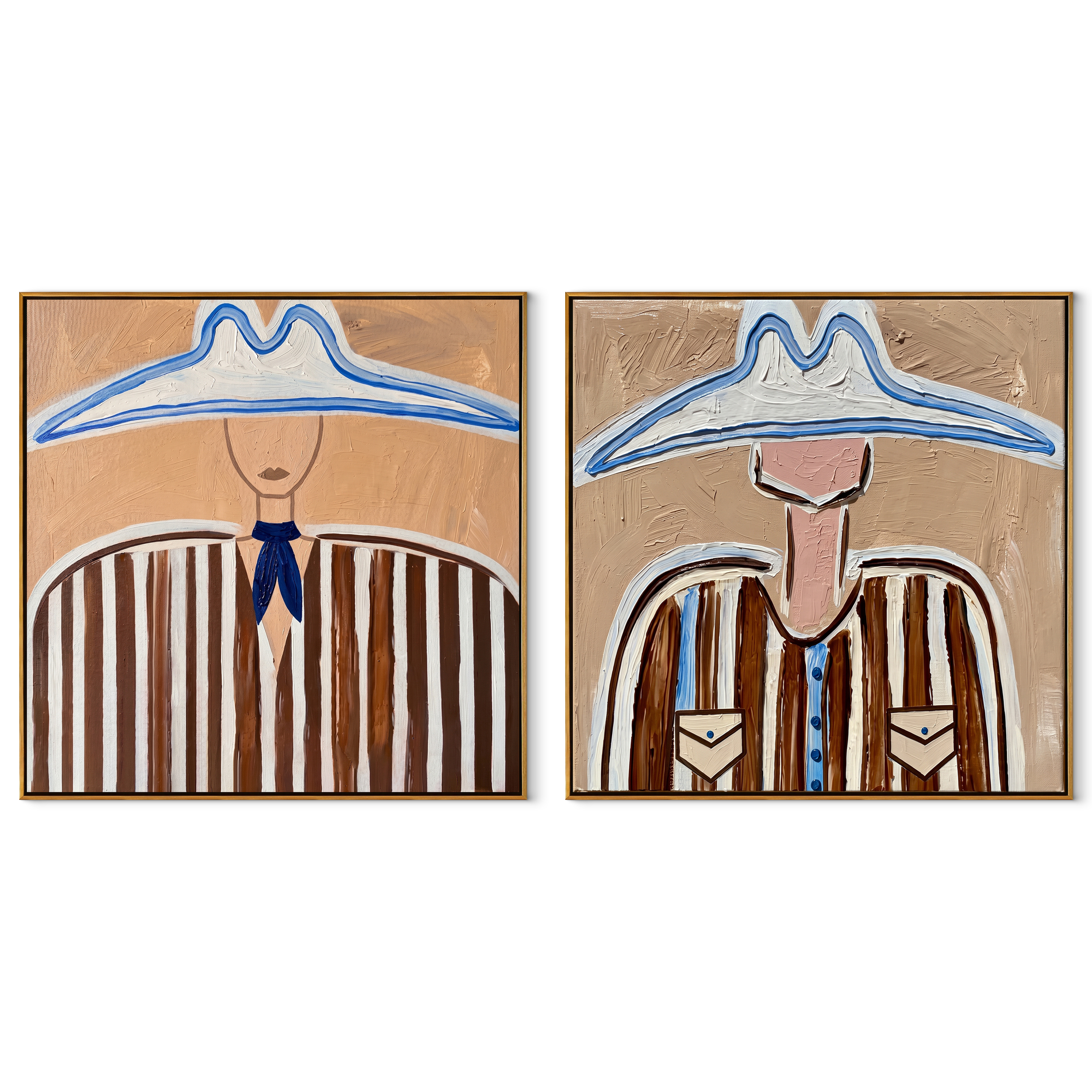 Blue Rims Crown Brown - blue outlined cowboy by Elliot Vale, modern figurative set of 2 wall art - complete two-panel artwork set on white background