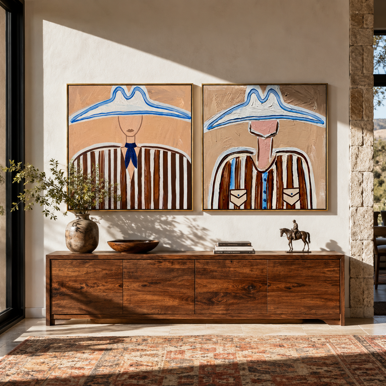 Blue Rims Crown Brown - blue outlined cowboy by Elliot Vale, modern figurative set of 2 wall art - styled room scene view 2