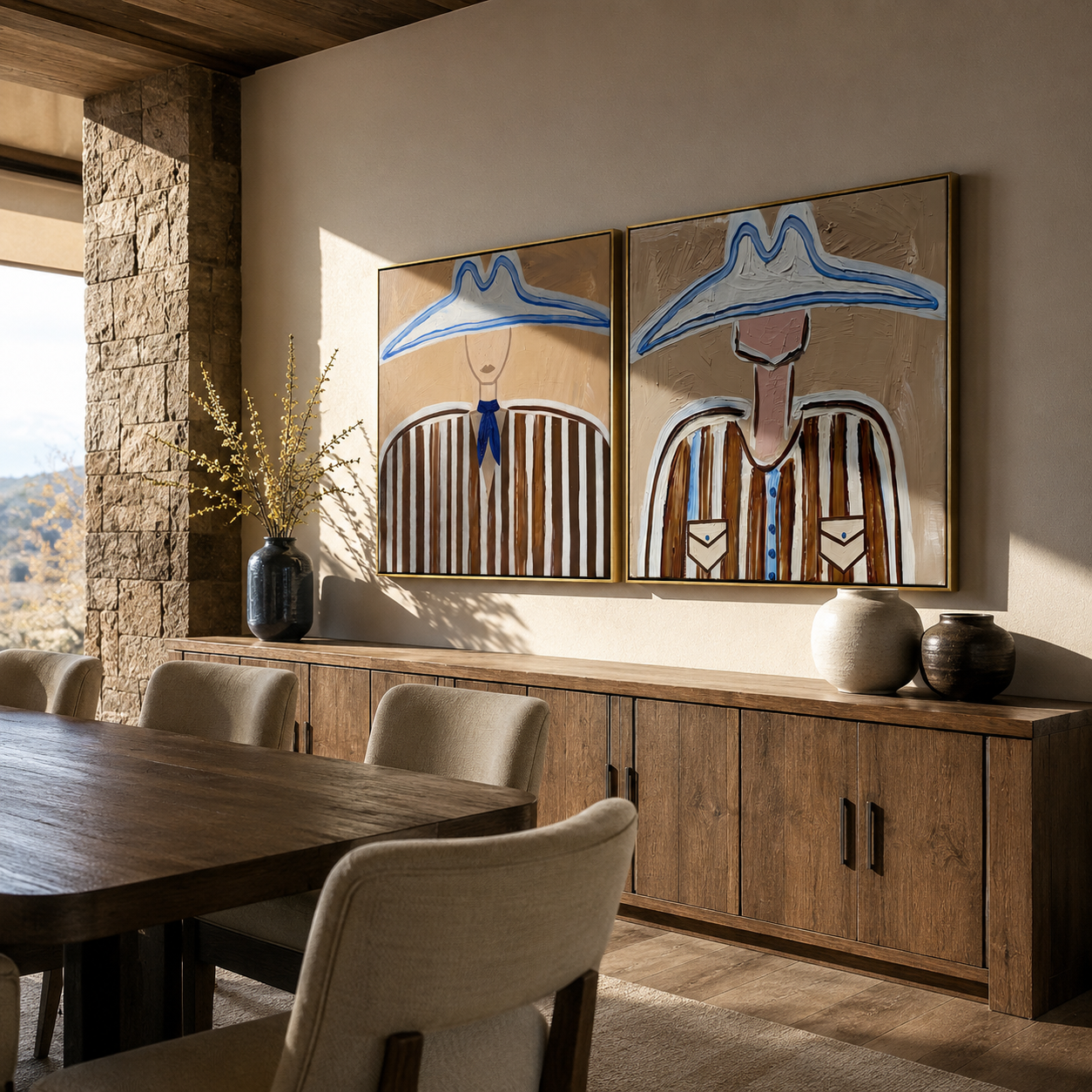 Blue Rims Crown Brown - blue outlined cowboy by Elliot Vale, modern figurative set of 2 wall art - styled room scene view 3