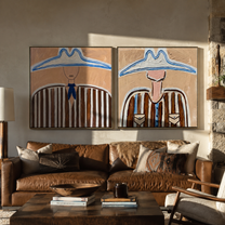 Blue Rims Crown Brown - blue outlined cowboy by Elliot Vale, modern figurative set of 2 wall art - styled room scene view 4