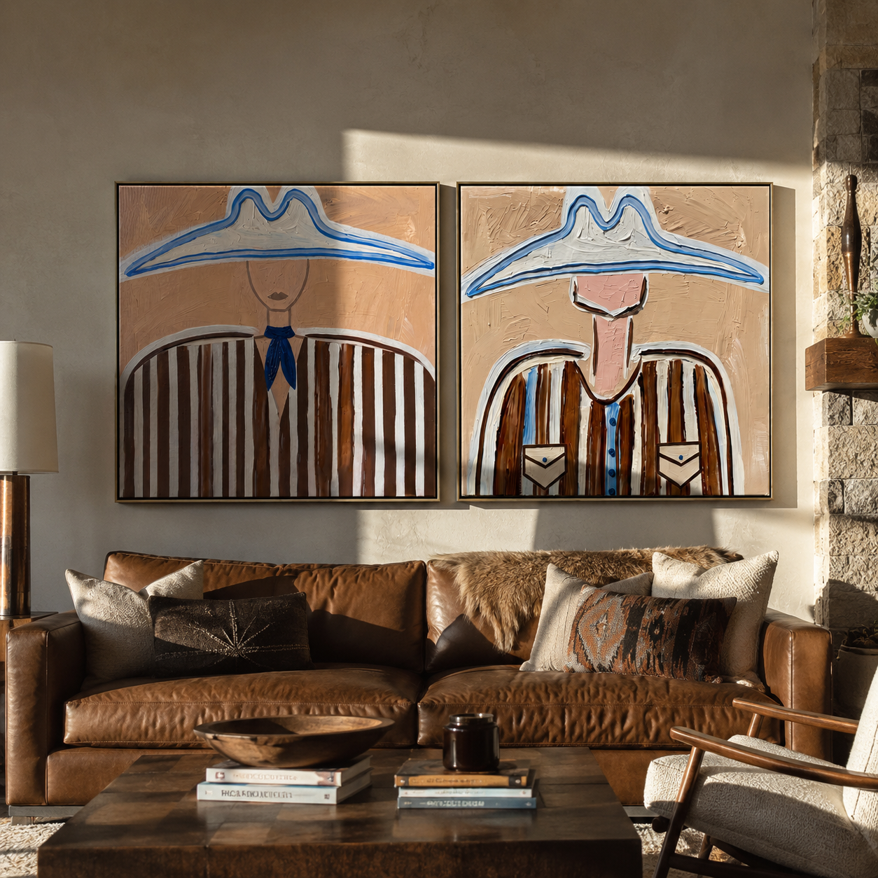 Blue Rims Crown Brown - blue outlined cowboy by Elliot Vale, modern figurative set of 2 wall art - styled room scene view 4