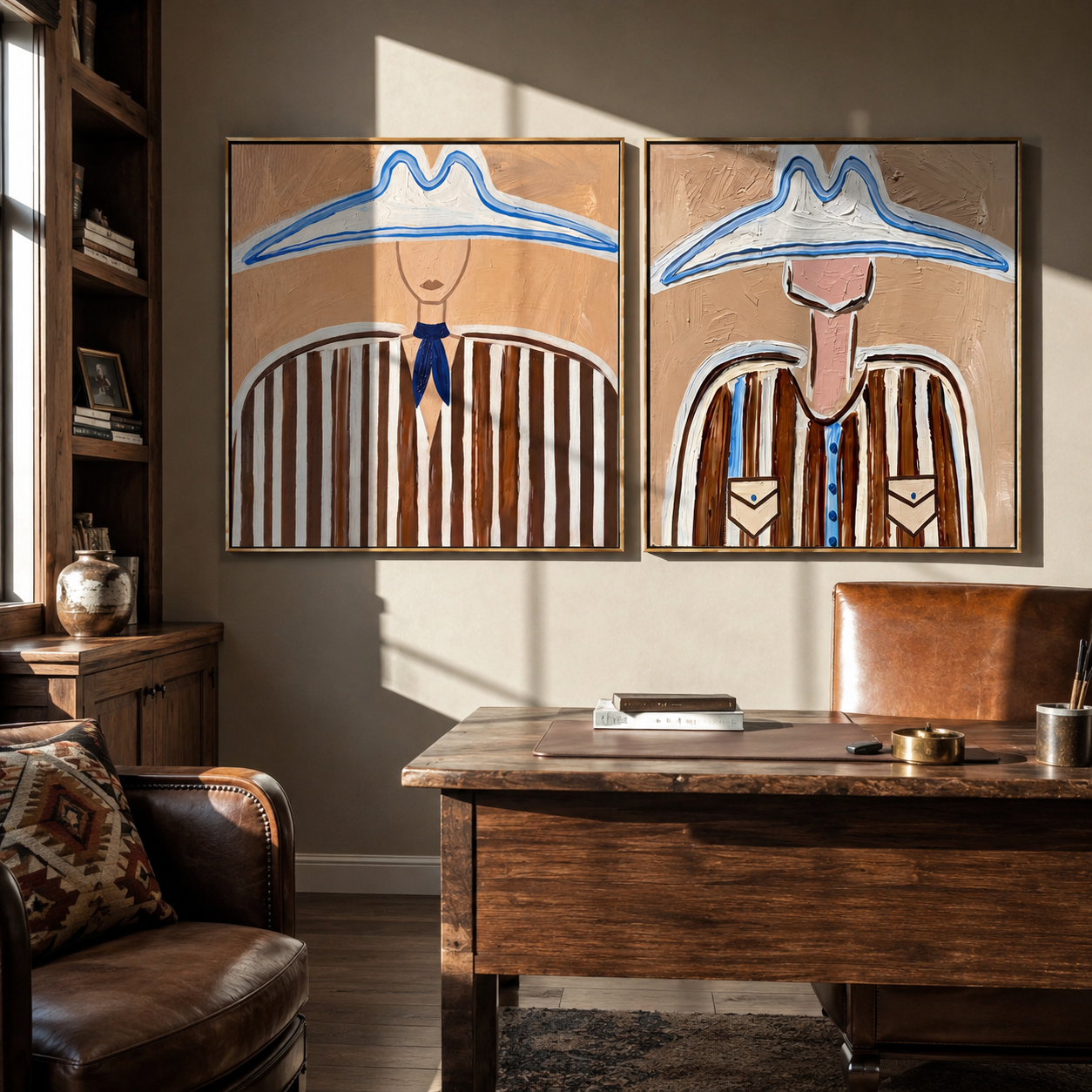 Blue Rims Crown Brown - blue outlined cowboy by Elliot Vale, modern figurative set of 2 wall art - styled room scene view 5