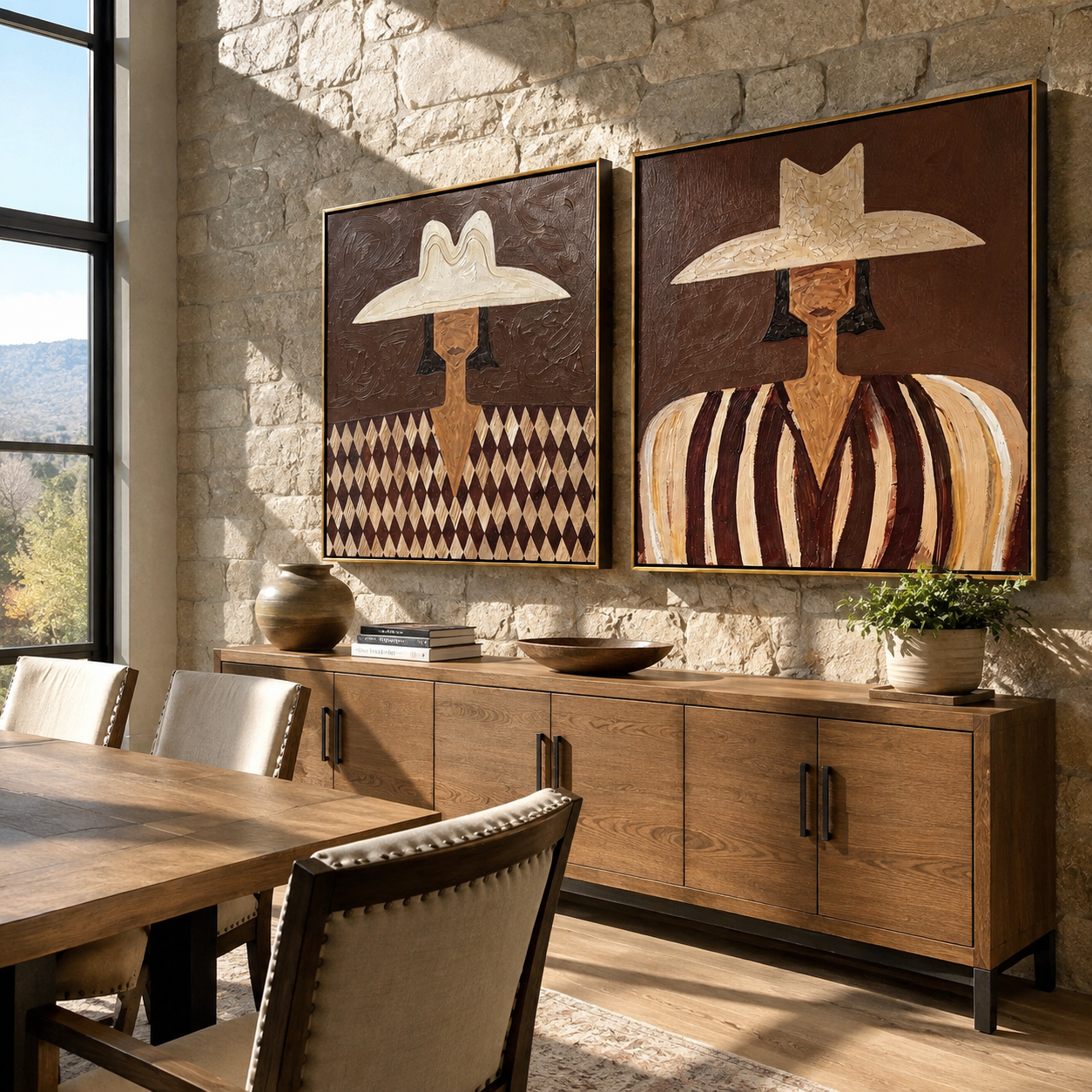 White Hats Divide Pattern - patterned Western portrait by Elliot Vale, modern figurative set of 2 wall art - styled room scene view 1