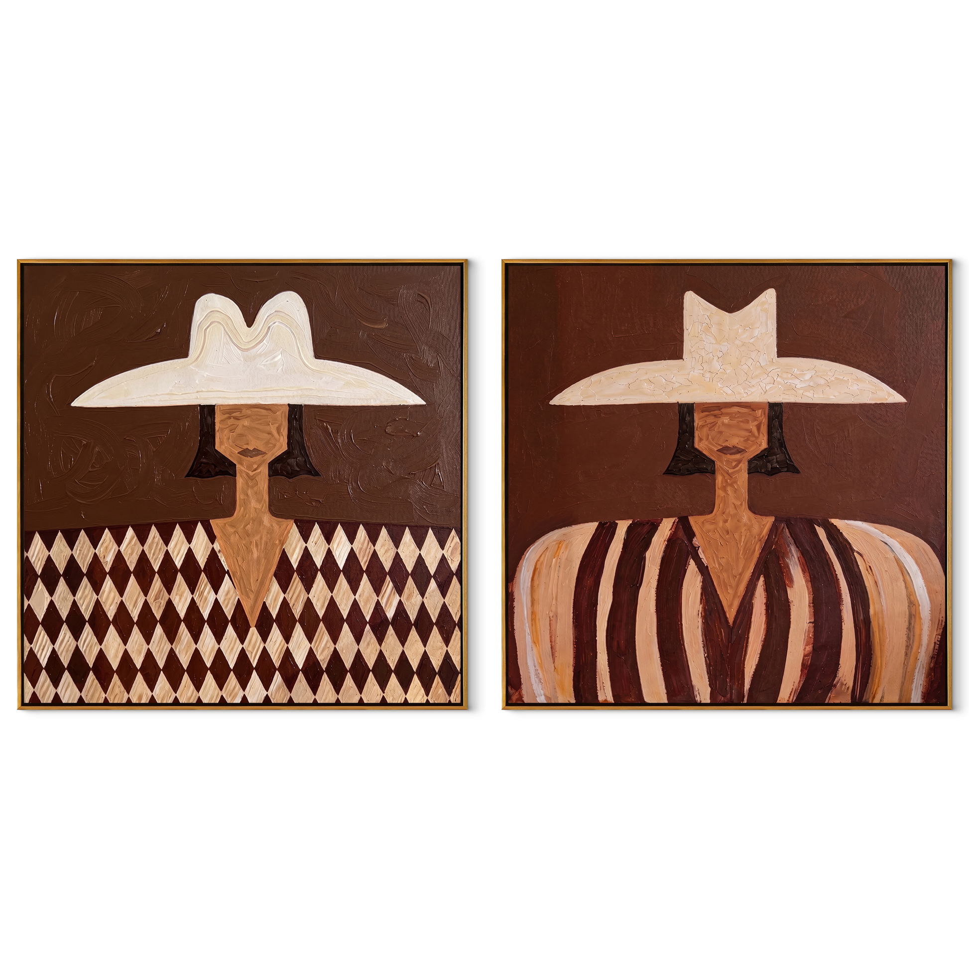 White Hats Divide Pattern - patterned Western portrait by Elliot Vale, modern figurative set of 2 wall art - complete two-panel artwork set on white background