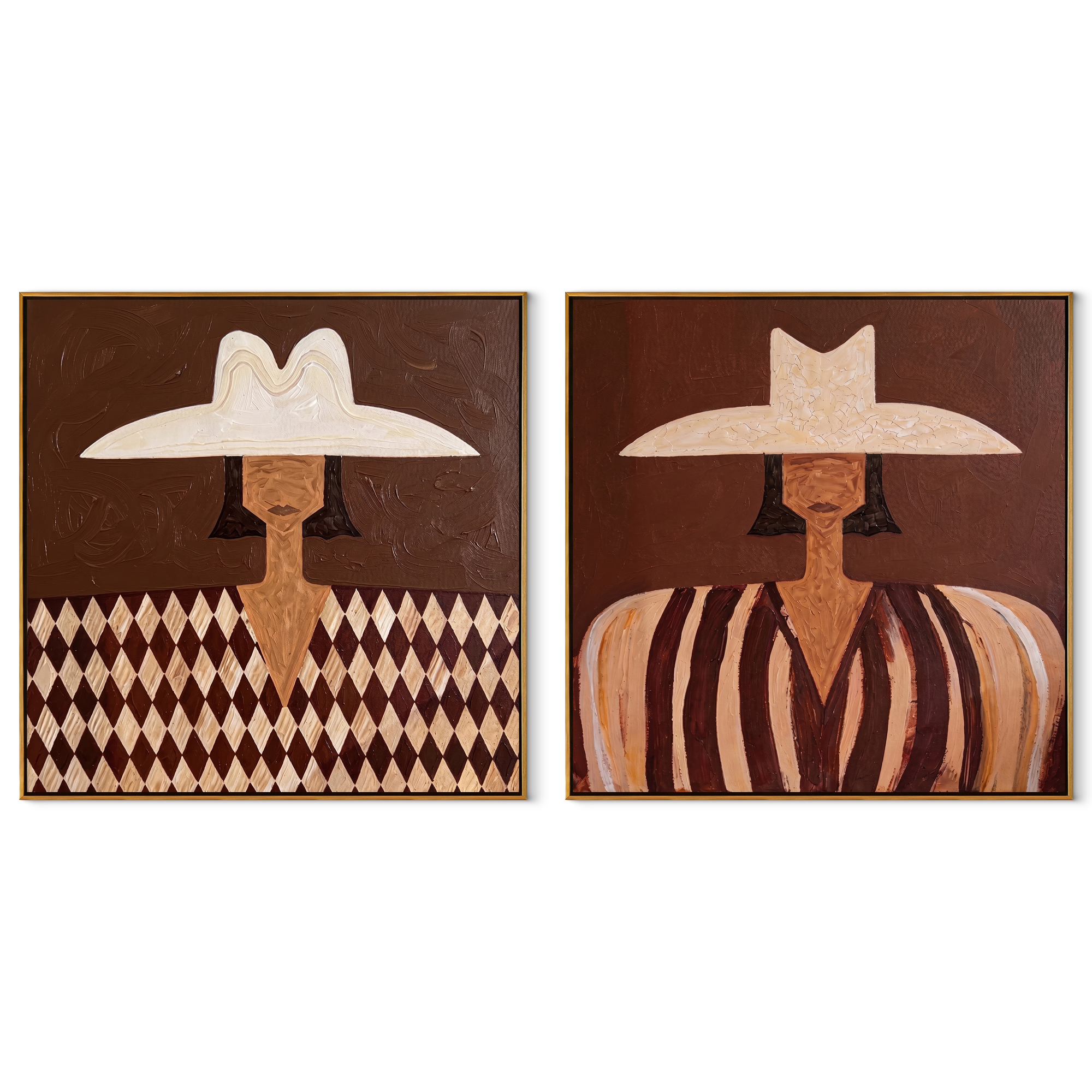 White Hats Divide Pattern - patterned Western portrait by Elliot Vale, modern figurative set of 2 wall art - complete two-panel artwork set on white background