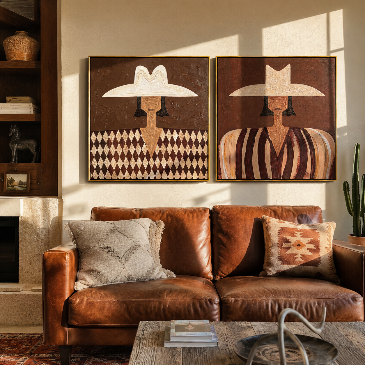 White Hats Divide Pattern - patterned Western portrait by Elliot Vale, modern figurative set of 2 wall art - styled room scene view 2