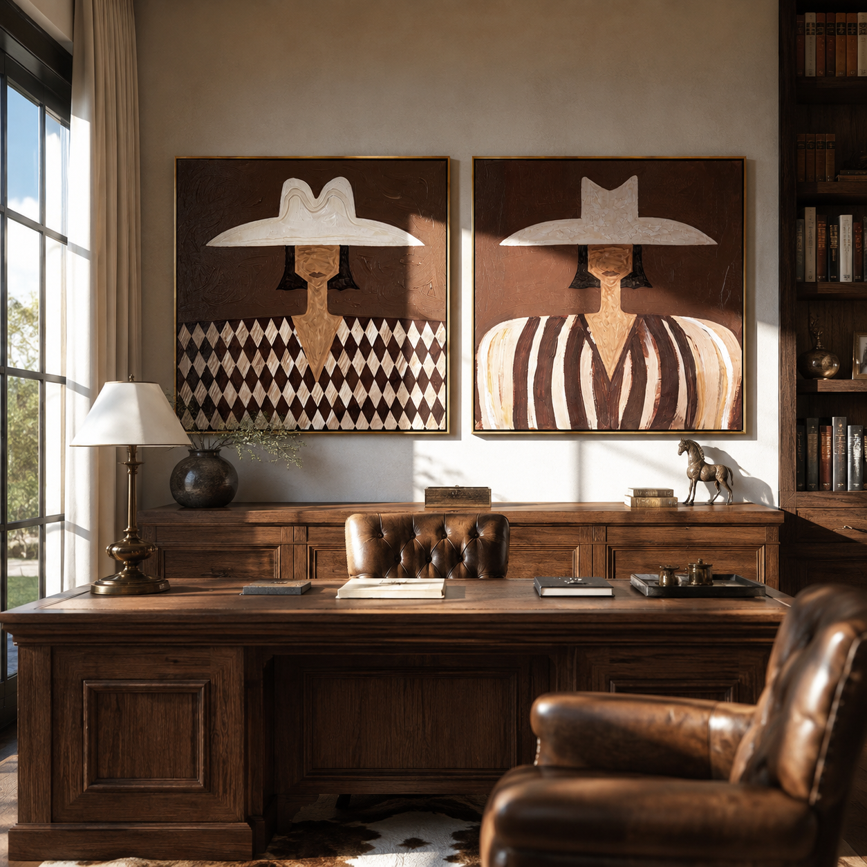 White Hats Divide Pattern - patterned Western portrait by Elliot Vale, modern figurative set of 2 wall art - styled room scene view 3