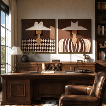 White Hats Divide Pattern - patterned Western portrait by Elliot Vale, modern figurative set of 2 wall art - styled room scene view 3