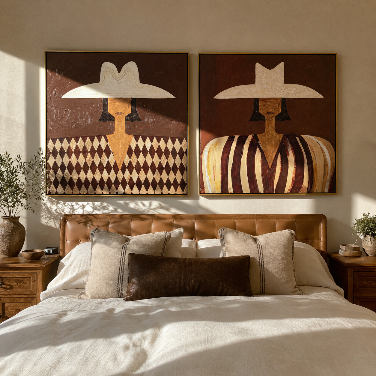White Hats Divide Pattern - patterned Western portrait by Elliot Vale, modern figurative set of 2 wall art - styled room scene view 4