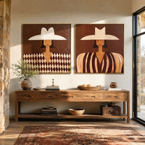 White Hats Divide Pattern - patterned Western portrait by Elliot Vale, modern figurative set of 2 wall art - styled room scene view 5