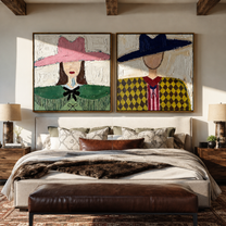 Argyle Women Face Noon - argyle cowgirl pair by Elliot Vale, modern figurative set of 2 wall art - styled room scene view 1