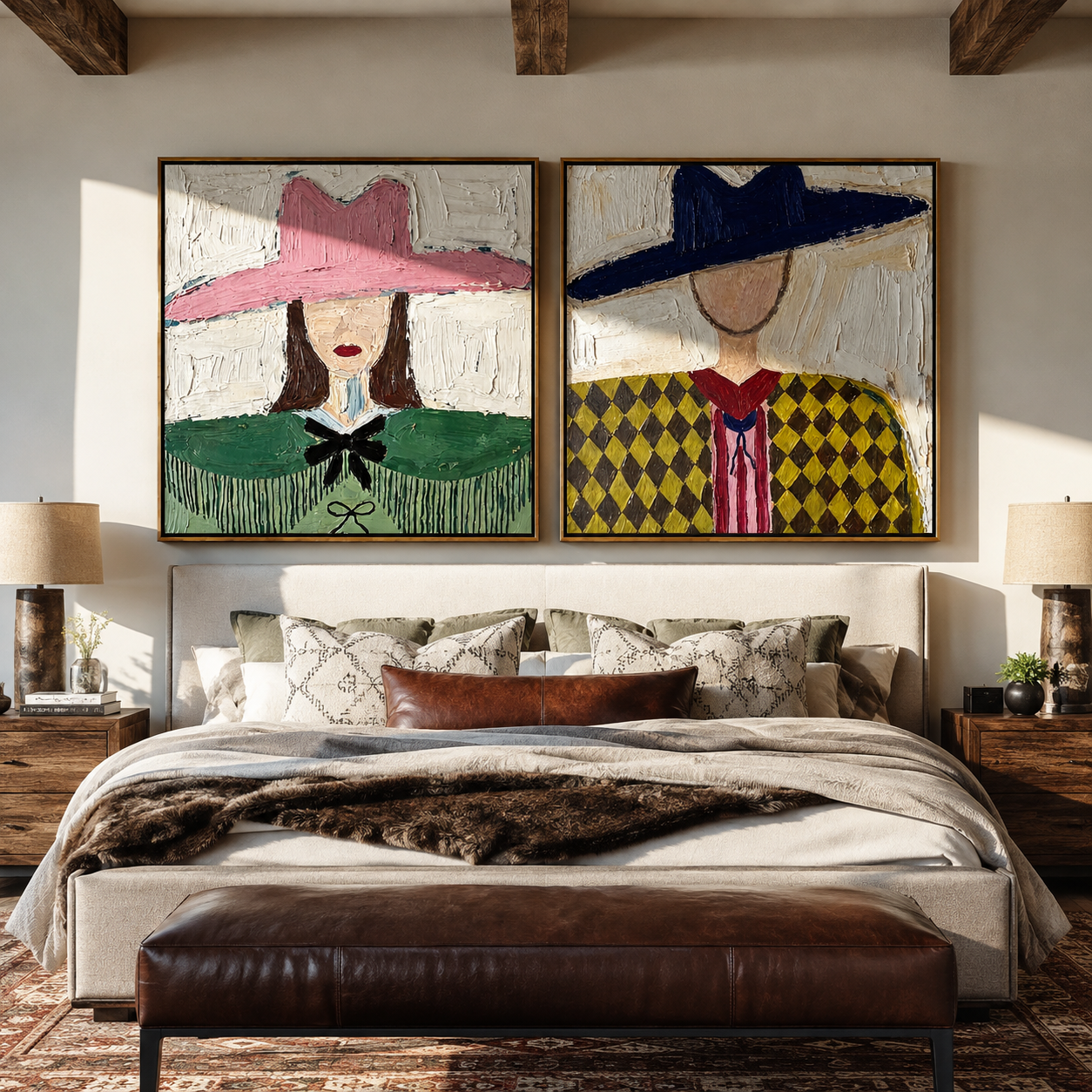 Argyle Women Face Noon - argyle cowgirl pair by Elliot Vale, modern figurative set of 2 wall art - styled room scene view 1