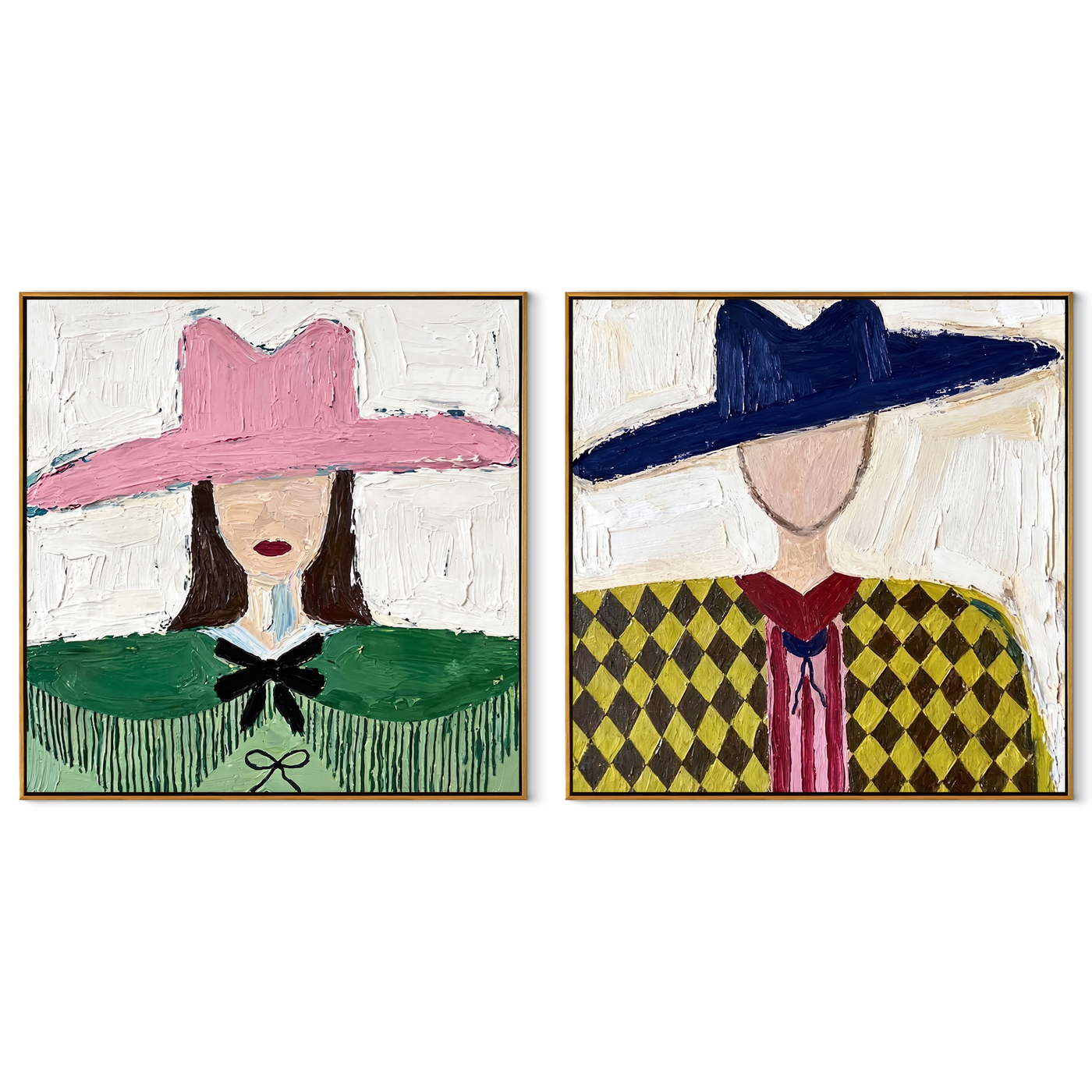 Argyle Women Face Noon - argyle cowgirl pair by Elliot Vale, modern figurative set of 2 wall art - complete two-panel artwork set on white background