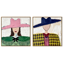 Argyle Women Face Noon - argyle cowgirl pair by Elliot Vale, modern figurative set of 2 wall art - complete two-panel artwork set on white background