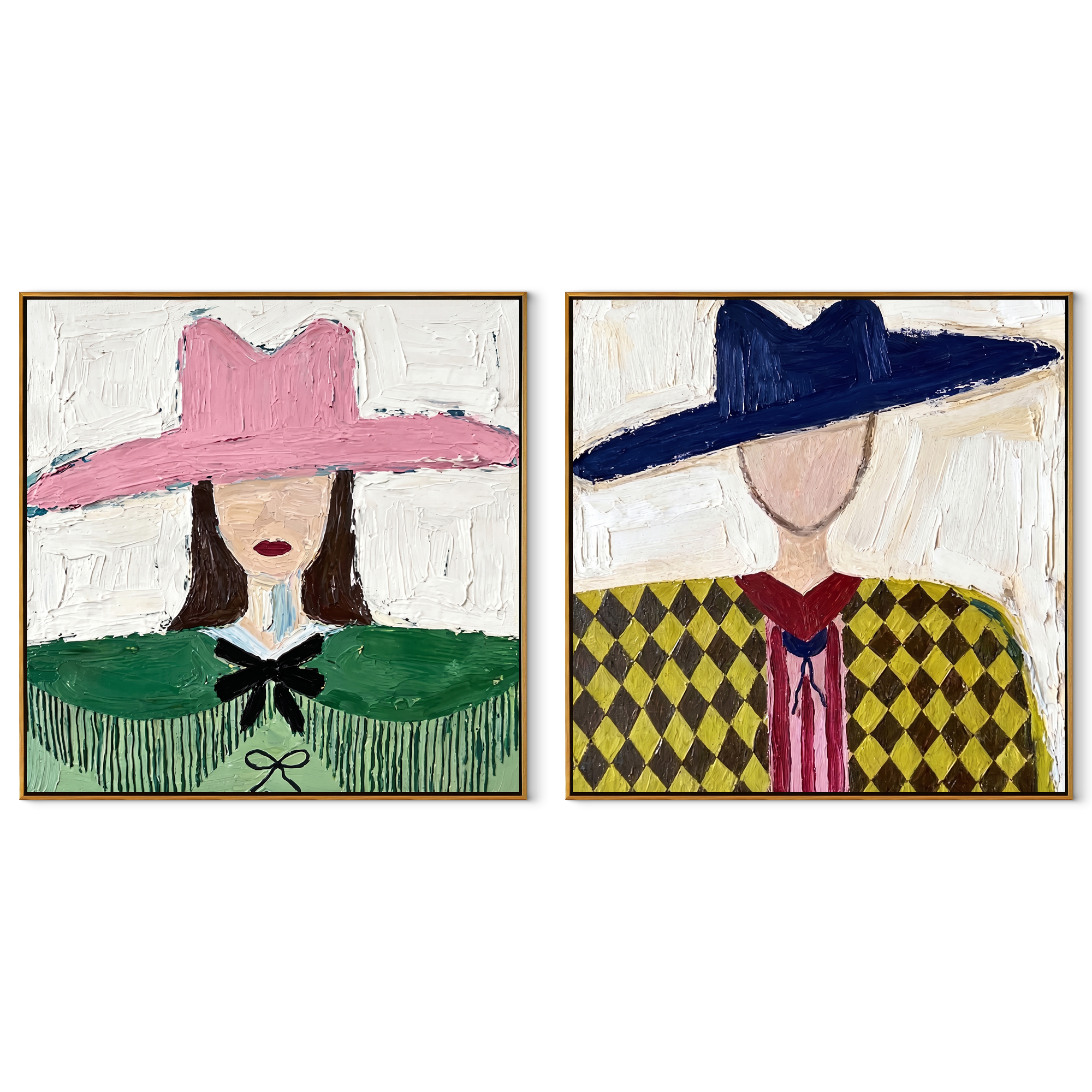 Argyle Women Face Noon - argyle cowgirl pair by Elliot Vale, modern figurative set of 2 wall art - complete two-panel artwork set on white background