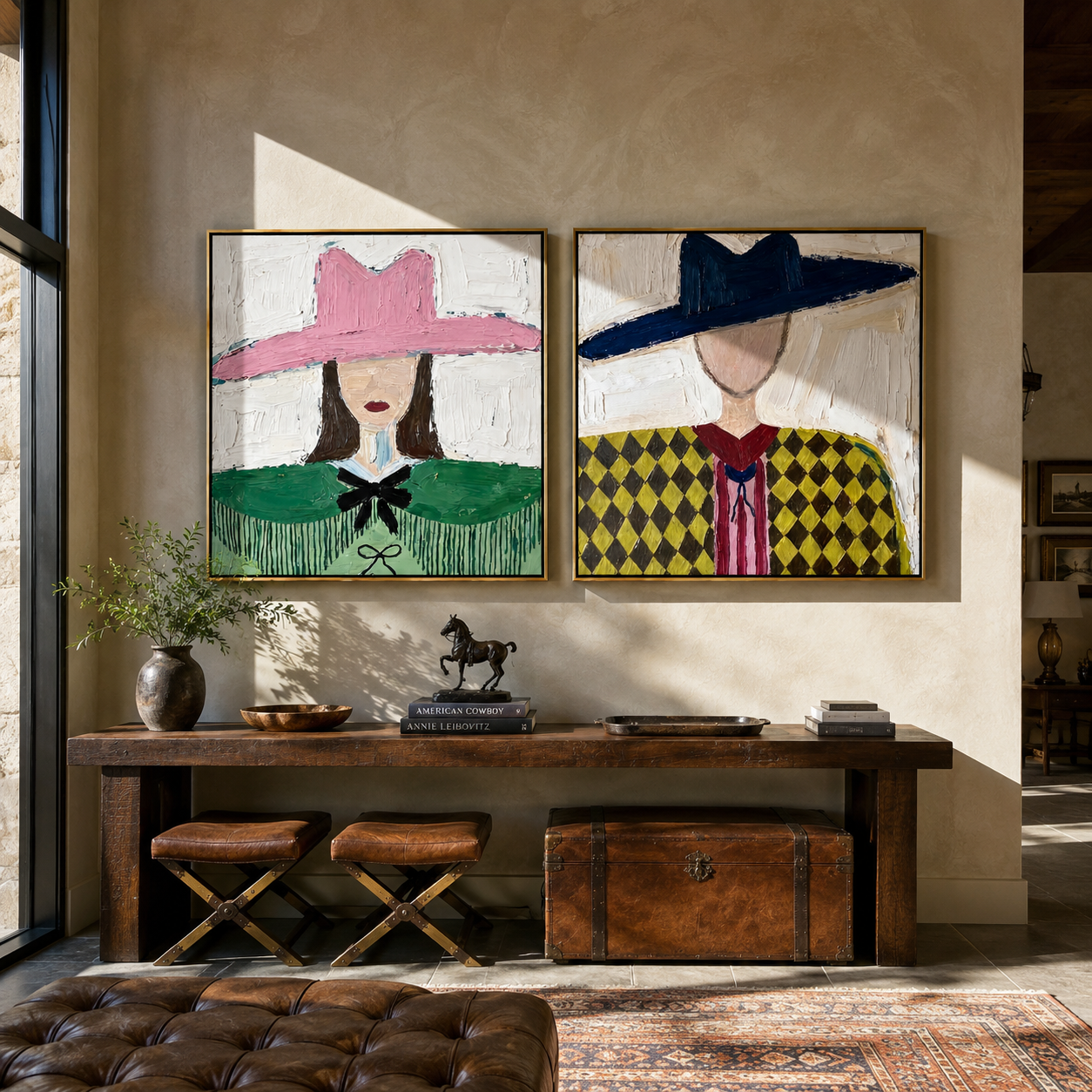 Argyle Women Face Noon - argyle cowgirl pair by Elliot Vale, modern figurative set of 2 wall art - styled room scene view 2