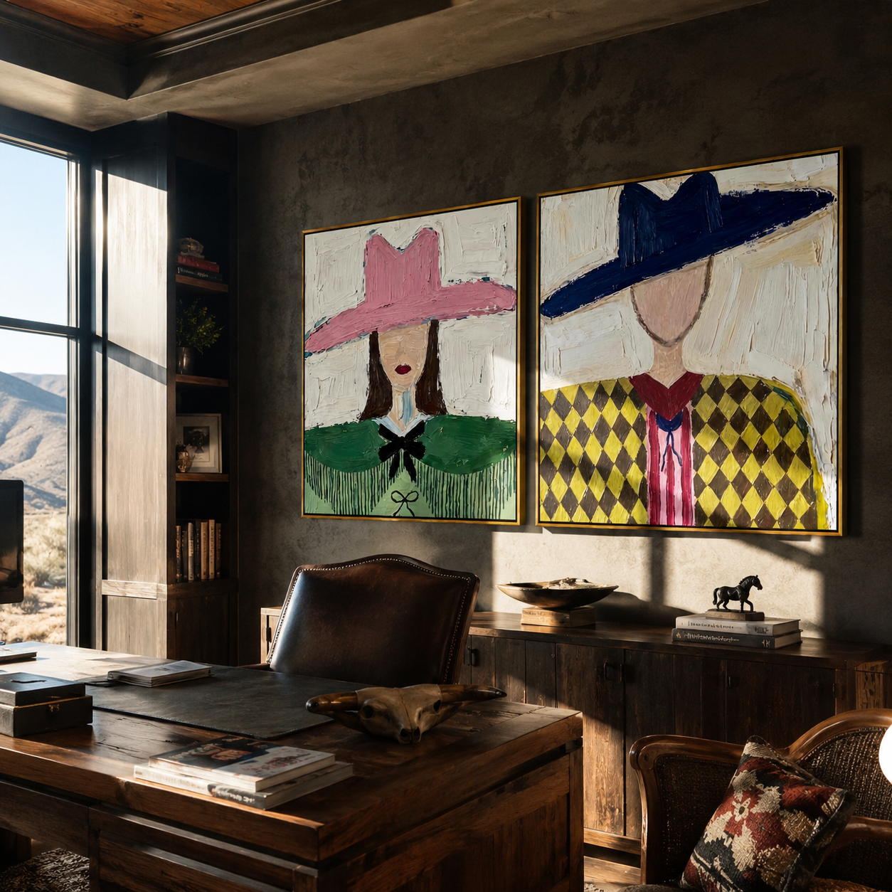 Argyle Women Face Noon - argyle cowgirl pair by Elliot Vale, modern figurative set of 2 wall art - styled room scene view 3