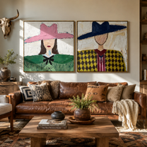Argyle Women Face Noon - argyle cowgirl pair by Elliot Vale, modern figurative set of 2 wall art - styled room scene view 4