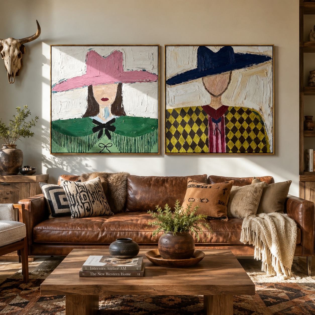 Argyle Women Face Noon - argyle cowgirl pair by Elliot Vale, modern figurative set of 2 wall art - styled room scene view 4