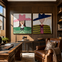 Argyle Women Face Noon - argyle cowgirl pair by Elliot Vale, modern figurative set of 2 wall art - styled room scene view 5