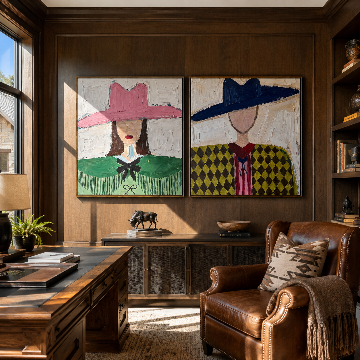 Argyle Women Face Noon - argyle cowgirl pair by Elliot Vale, modern figurative set of 2 wall art - styled room scene view 5