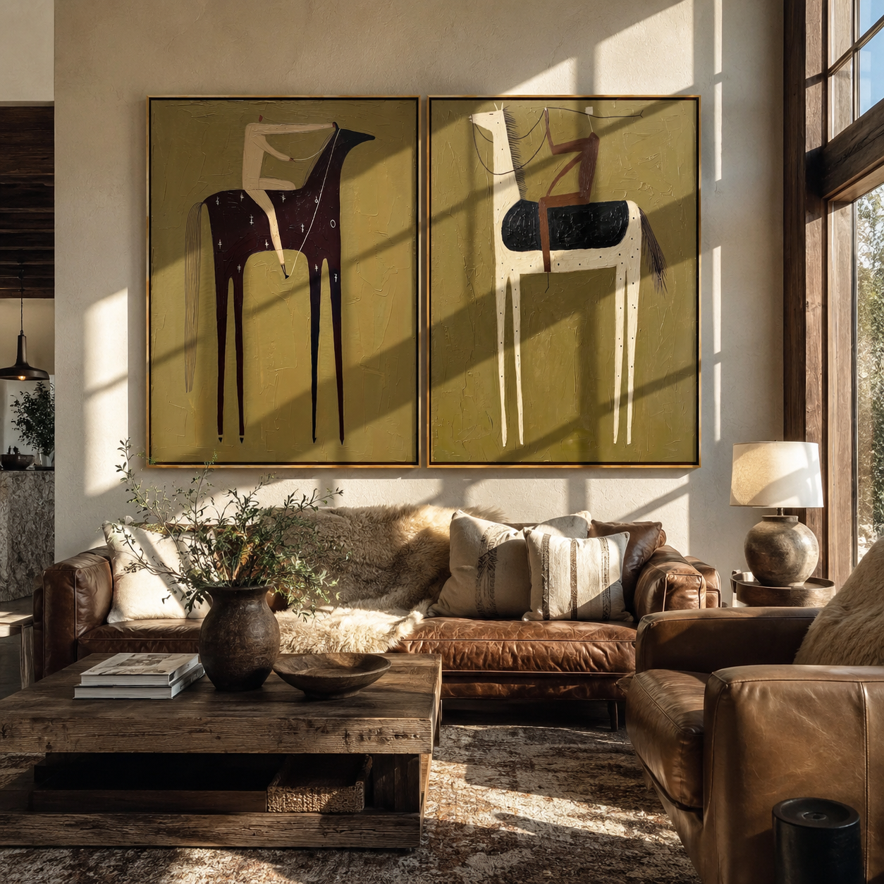 Black Horses Trade Riders - paired horse riders by Elliot Vale, modern figurative set of 2 wall art - styled room scene view 1