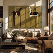 Black Horses Trade Riders - paired horse riders by Elliot Vale, modern figurative set of 2 wall art - styled room scene view 1