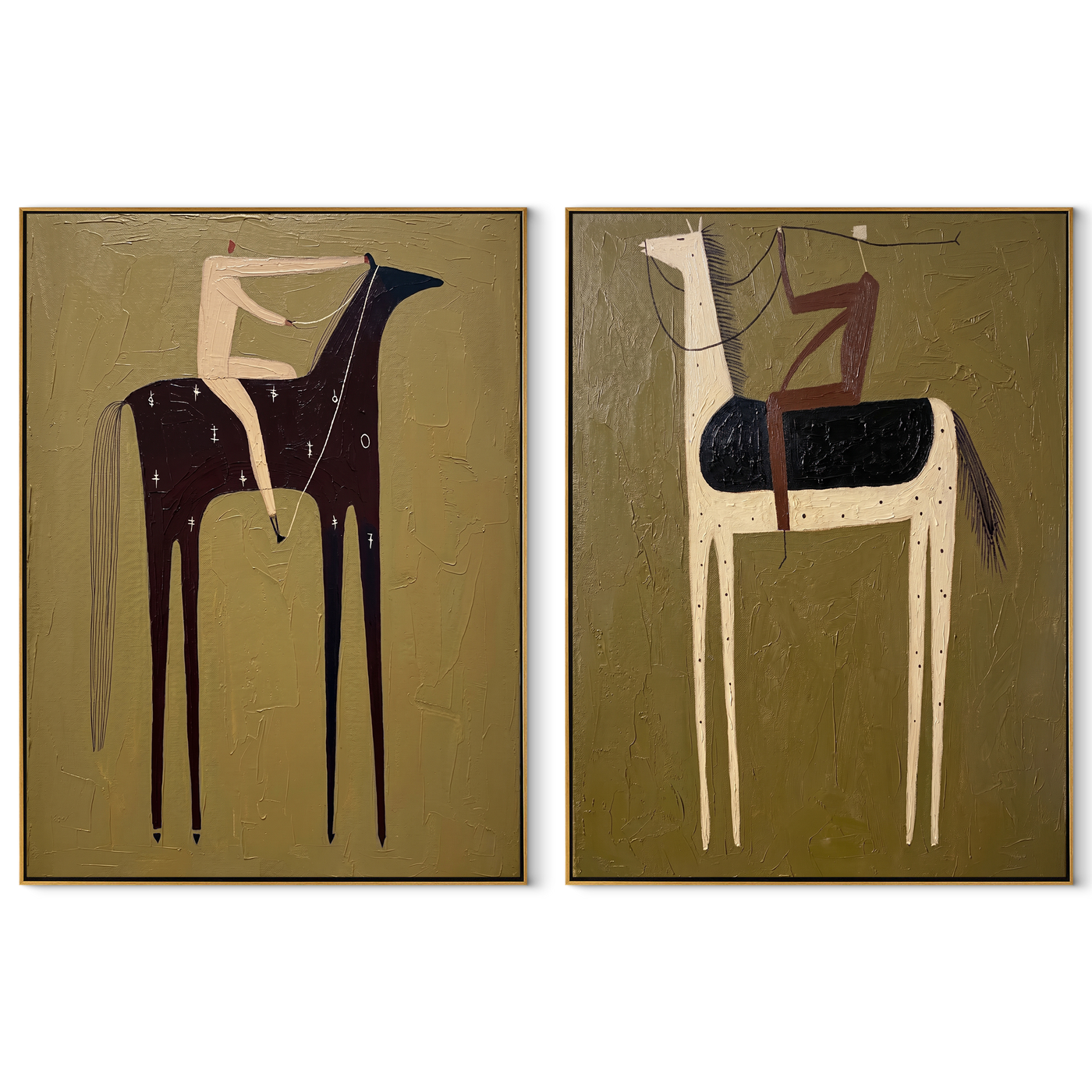 Black Horses Trade Riders - paired horse riders by Elliot Vale, modern figurative set of 2 wall art - complete two-panel artwork set on white background