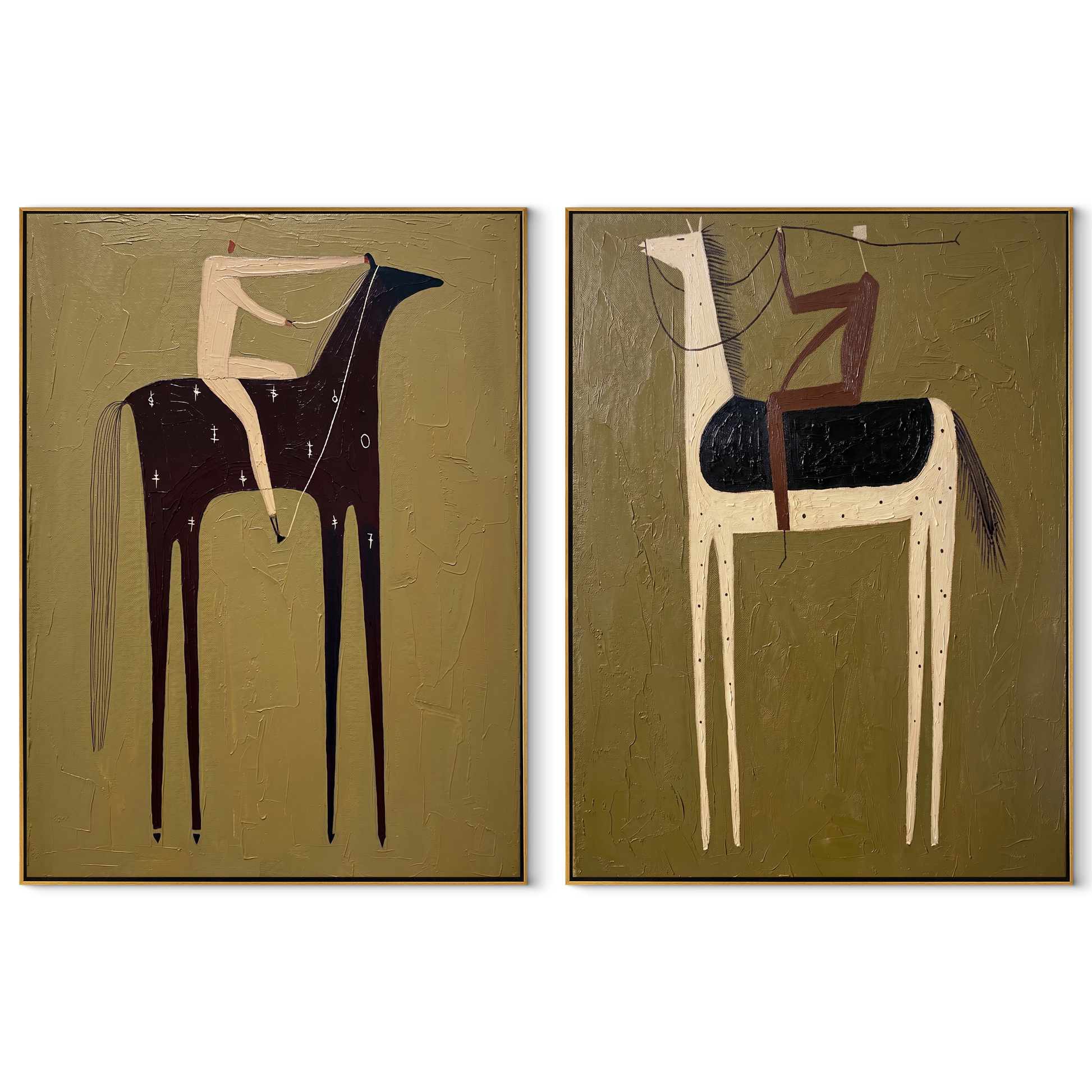 Black Horses Trade Riders - paired horse riders by Elliot Vale, modern figurative set of 2 wall art - complete two-panel artwork set on white background