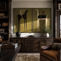 Black Horses Trade Riders - paired horse riders by Elliot Vale, modern figurative set of 2 wall art - styled room scene view 2