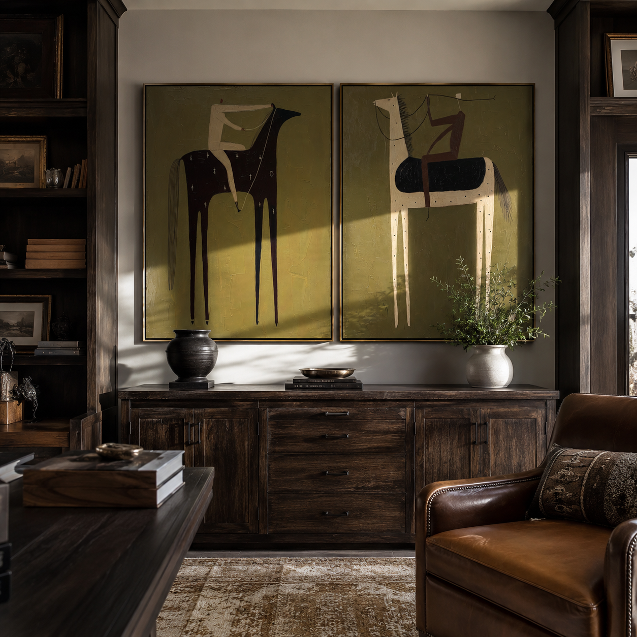Black Horses Trade Riders - paired horse riders by Elliot Vale, modern figurative set of 2 wall art - styled room scene view 2