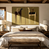 Black Horses Trade Riders - paired horse riders by Elliot Vale, modern figurative set of 2 wall art - styled room scene view 3