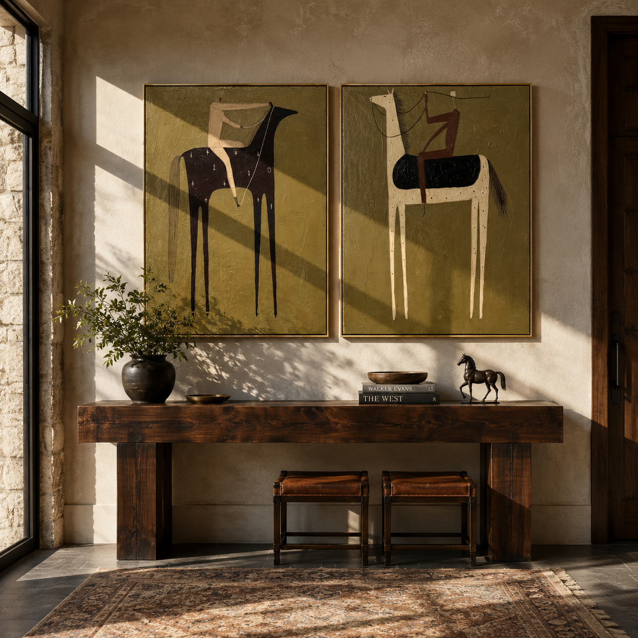 Black Horses Trade Riders - paired horse riders by Elliot Vale, modern figurative set of 2 wall art - styled room scene view 4