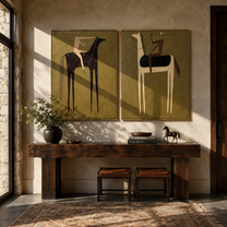 Black Horses Trade Riders - paired horse riders by Elliot Vale, modern figurative set of 2 wall art - styled room scene view 4