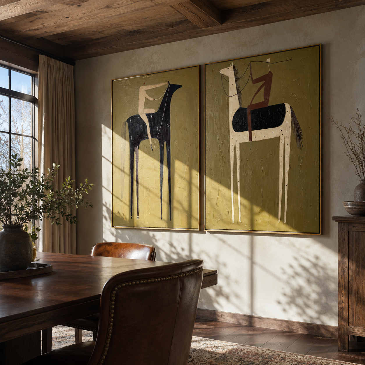Black Horses Trade Riders - paired horse riders by Elliot Vale, modern figurative set of 2 wall art - styled room scene view 5