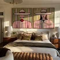 Rose Brims Hold Stripes - pink Western women by Elliot Vale, modern figurative set of 2 wall art - styled room scene view 1