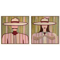 Rose Brims Hold Stripes - pink Western women by Elliot Vale, modern figurative set of 2 wall art - complete two-panel artwork set on white background
