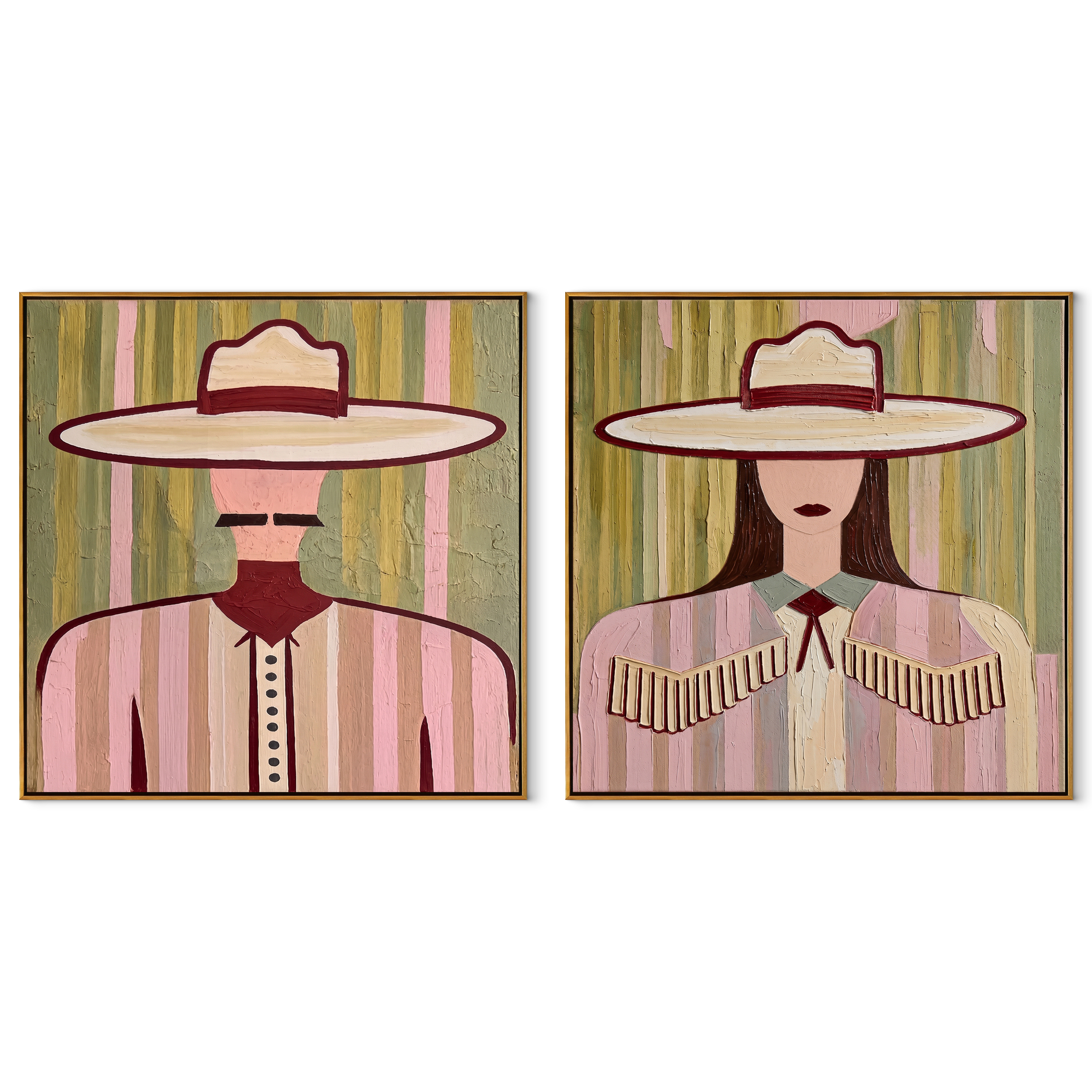 Rose Brims Hold Stripes - pink Western women by Elliot Vale, modern figurative set of 2 wall art - complete two-panel artwork set on white background