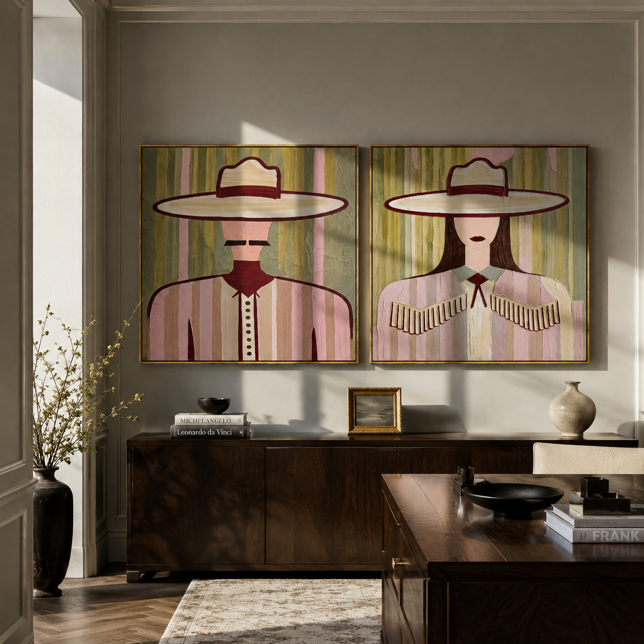 Rose Brims Hold Stripes - pink Western women by Elliot Vale, modern figurative set of 2 wall art - styled room scene view 2