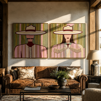 Rose Brims Hold Stripes - pink Western women by Elliot Vale, modern figurative set of 2 wall art - styled room scene view 3